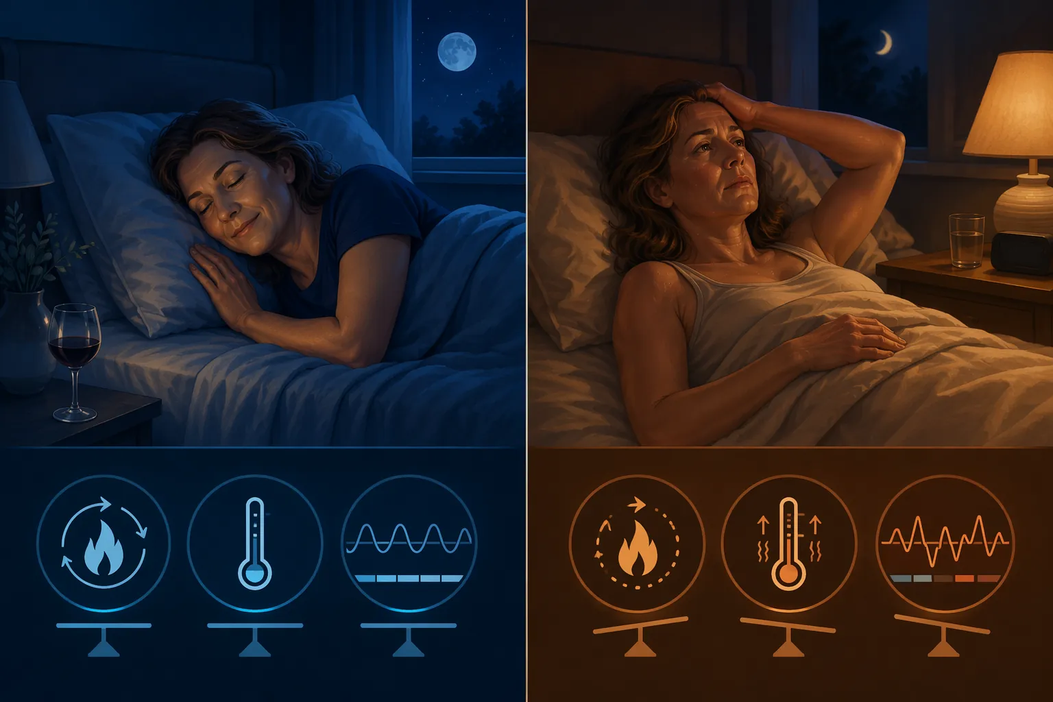Two-panel comparison of sleep before perimenopause and during perimenopause showing metabolism, temperature stability, and fragmented sleep