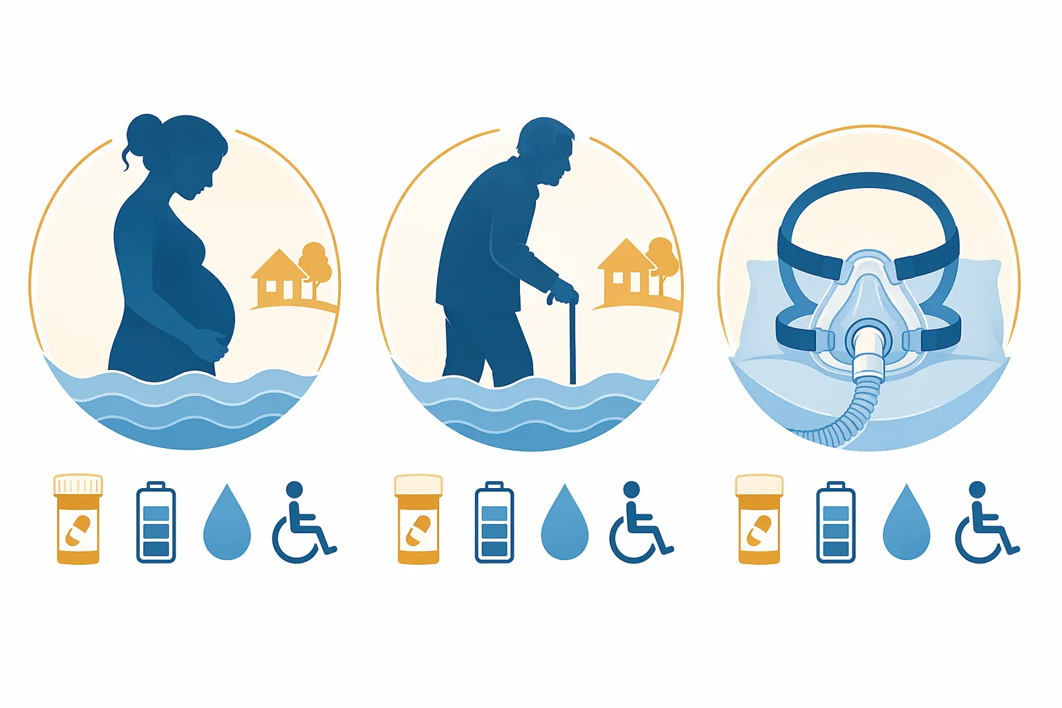 Icons for pregnancy, older adults, and CPAP users with medication, battery, water, and mobility symbols