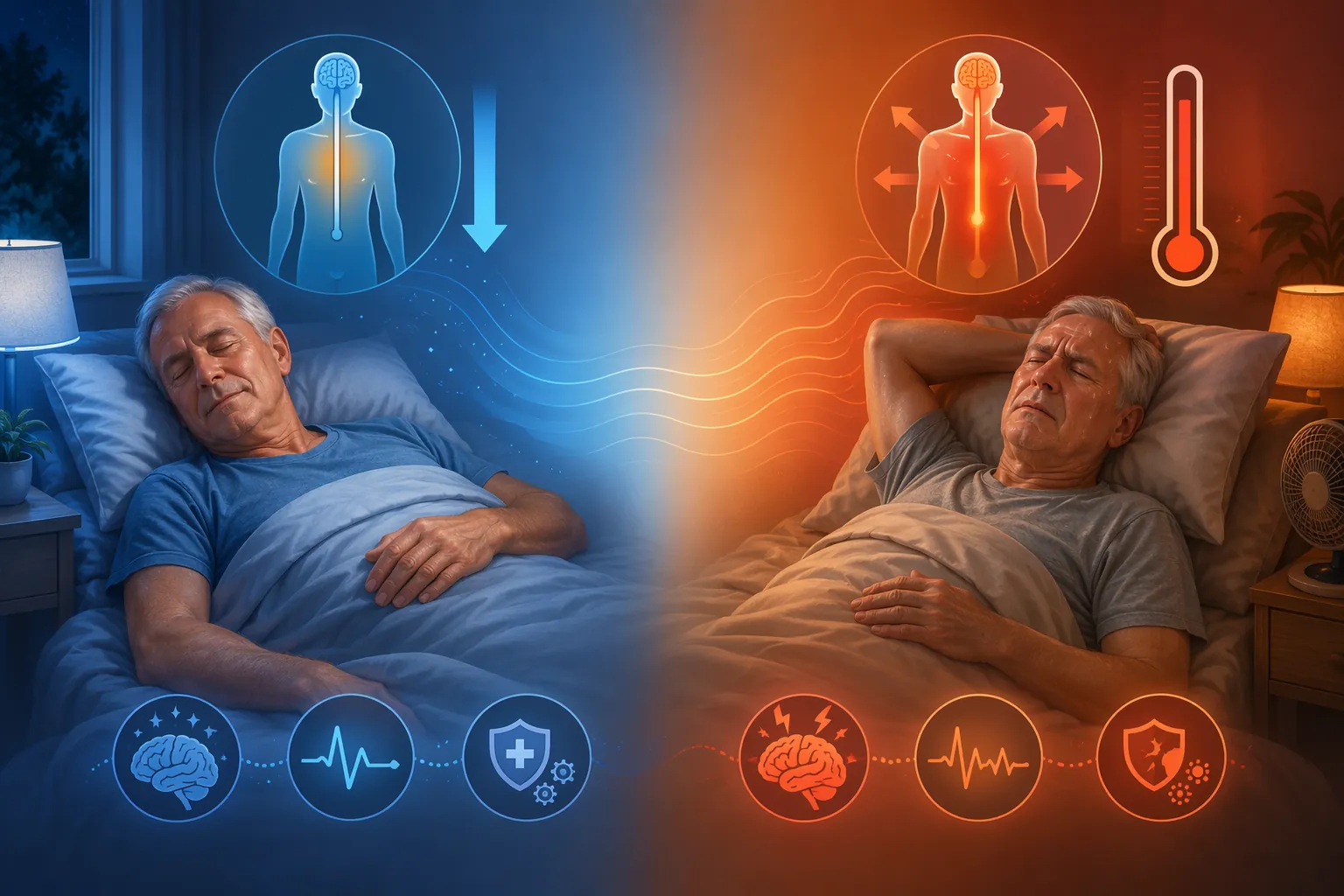 Diagram comparing an older adult sleeping in a cool 72°F bedroom with a restless older adult in a warm 84°F bedroom