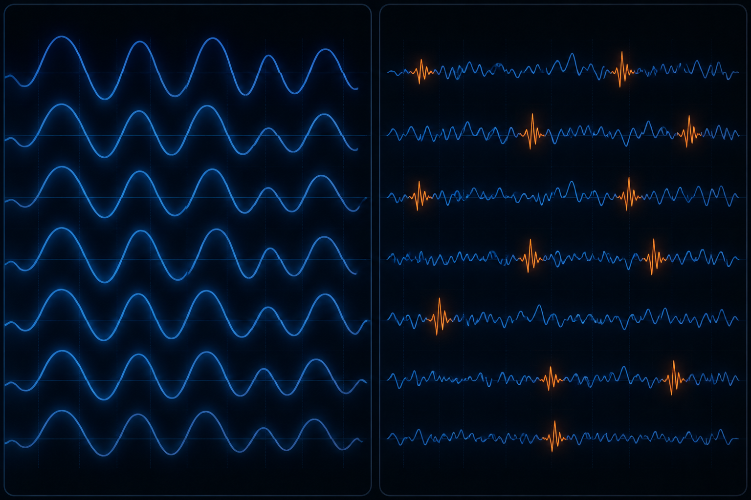 EEG-style comparison of normal deep sleep with thick blue delta waves and caffeine-affected sleep with reduced delta waves and orange beta spikes