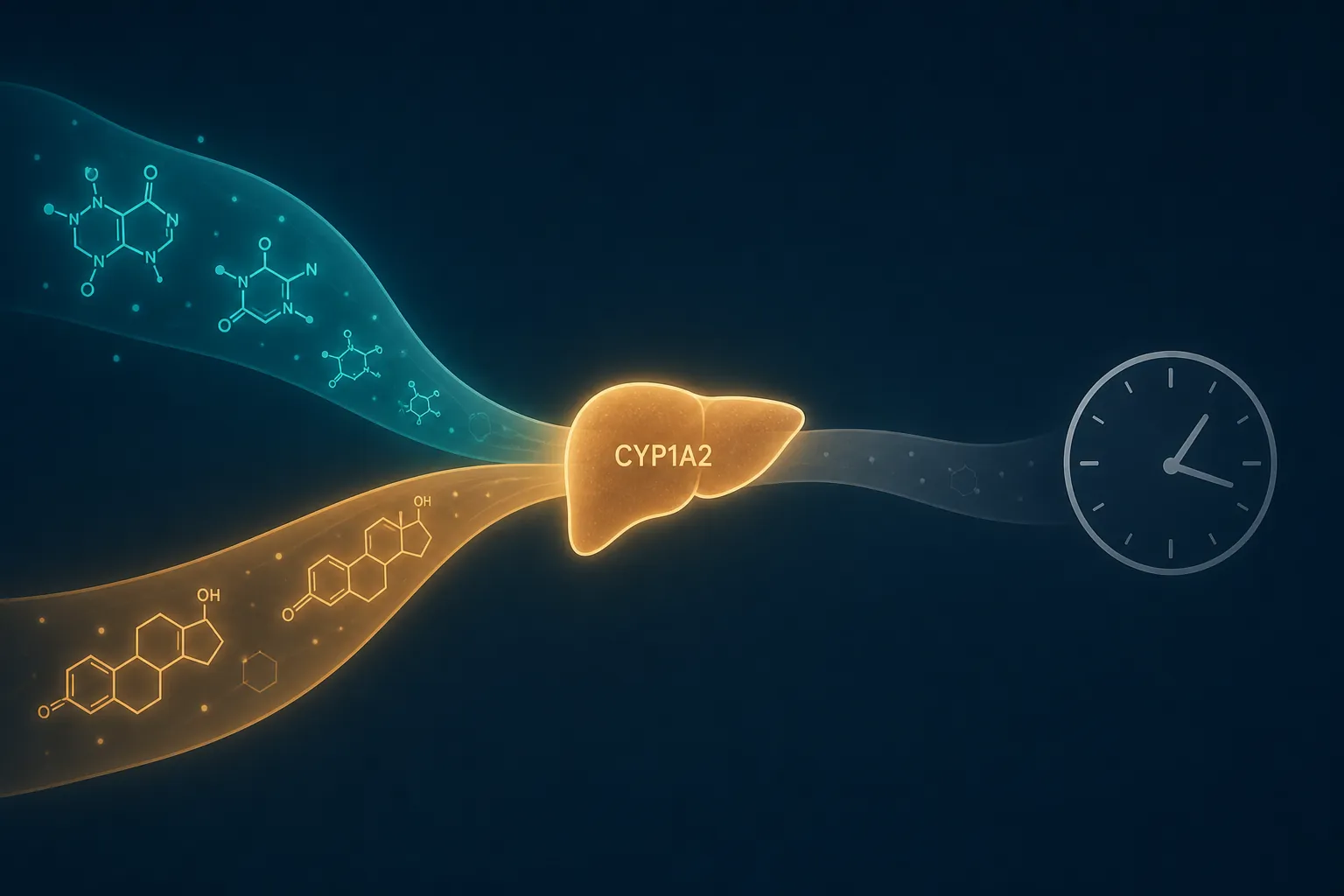 Diagram of caffeine and estrogen streams converging at the liver enzyme CYP1A2