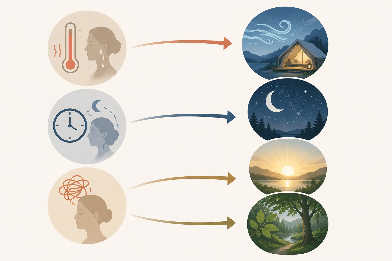 Diagram connecting menopause sleep drivers to cool night air, dark skies, morning light, and nature immersion
