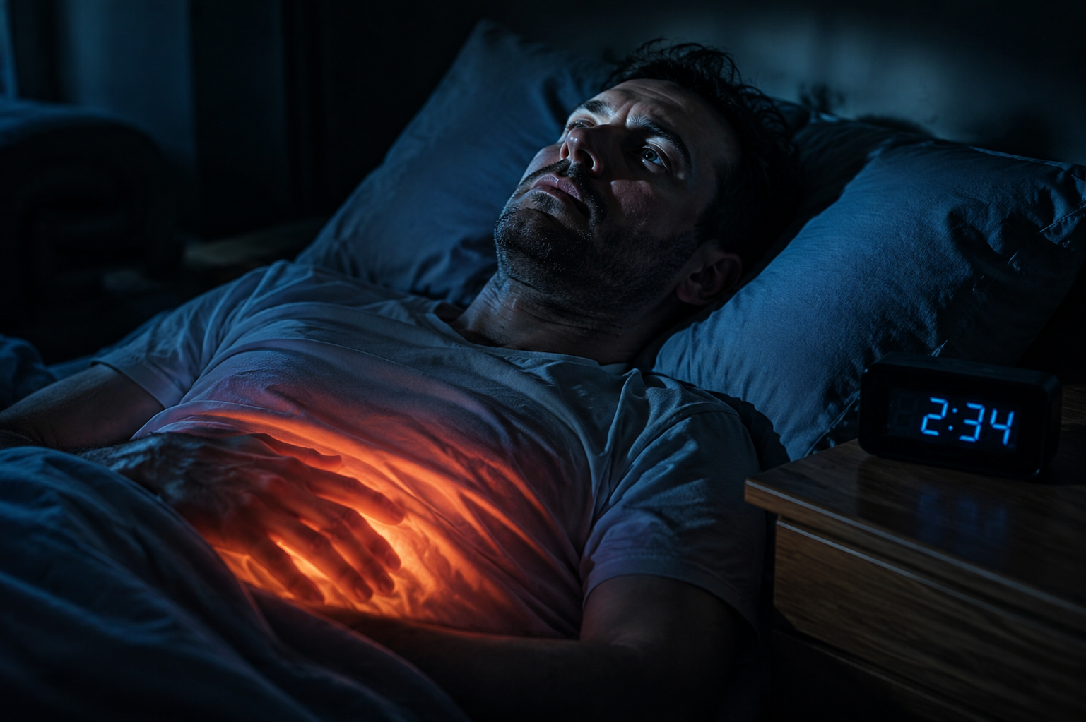 A fatigued person lies awake in bed at night with abdominal discomfort
