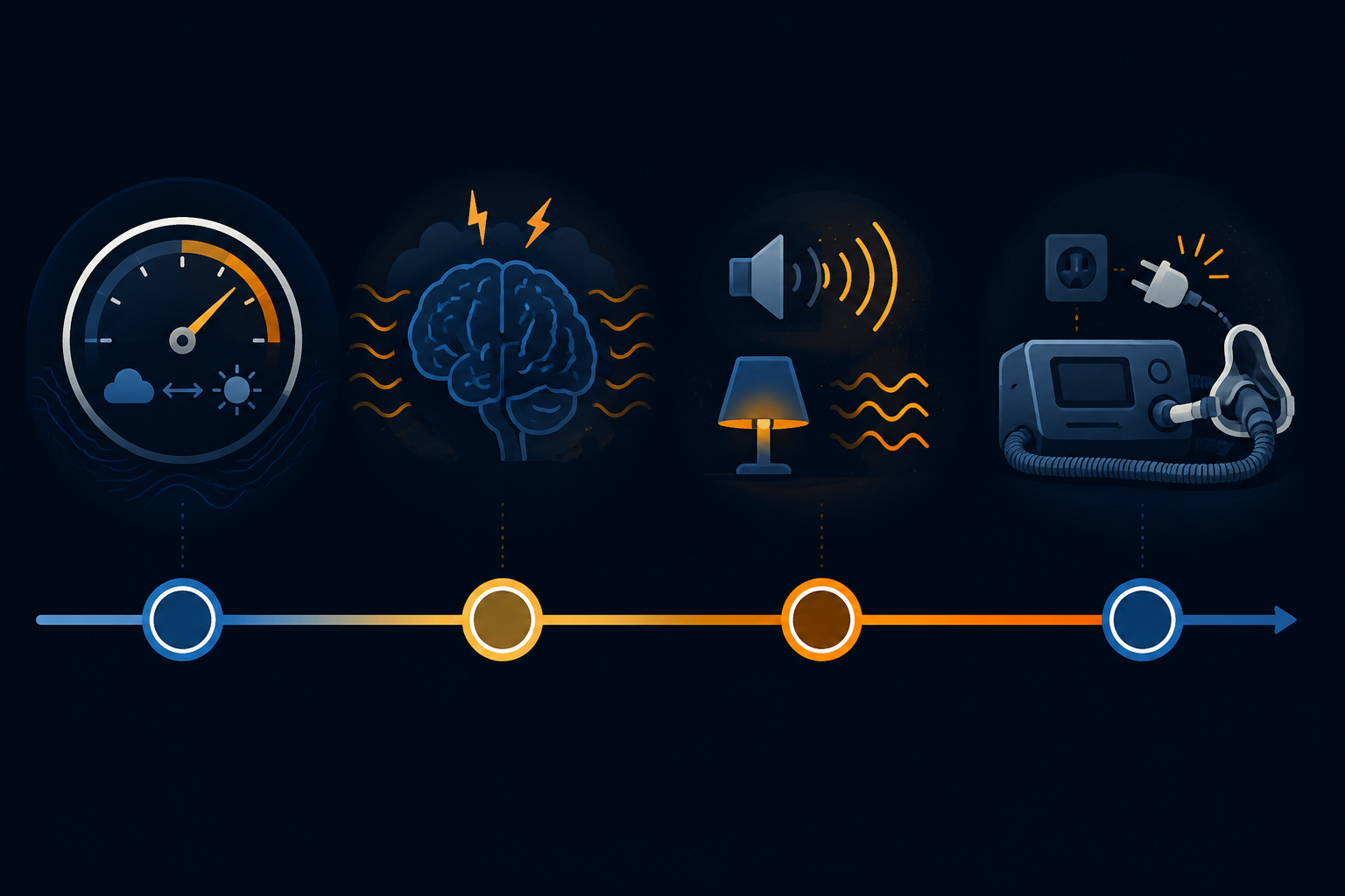 Seasonal timeline illustration showing barometric pressure, anxiety, noise and light, and CPAP power disruption icons