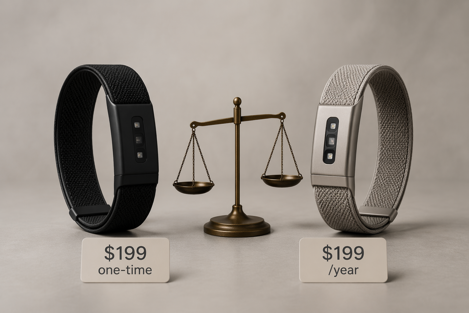 Two screenless fitness bands side by side with visual cues for one-time purchase and subscription pricing