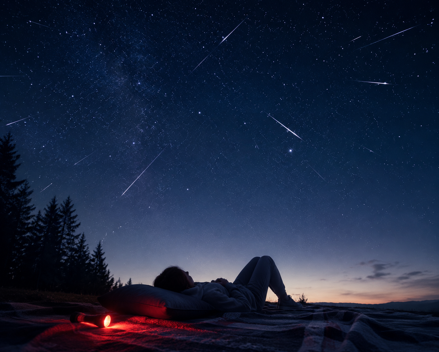 Person lying on a blanket under a dark meteor-filled sky with a small red flashlight nearby