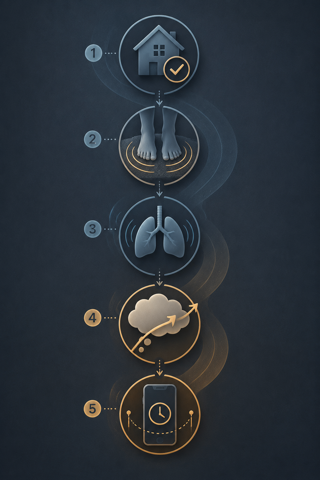 Editorial flat-lay sequence showing grounding, breathing, reframing, and information limits