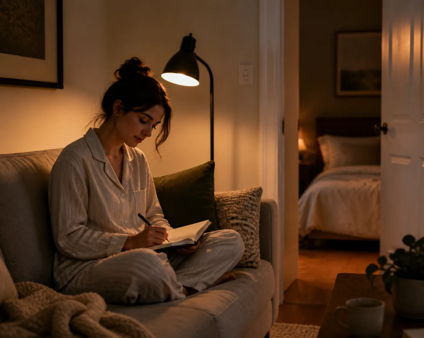 A person sitting alone on a sofa at night writing in a notebook under a warm lamp