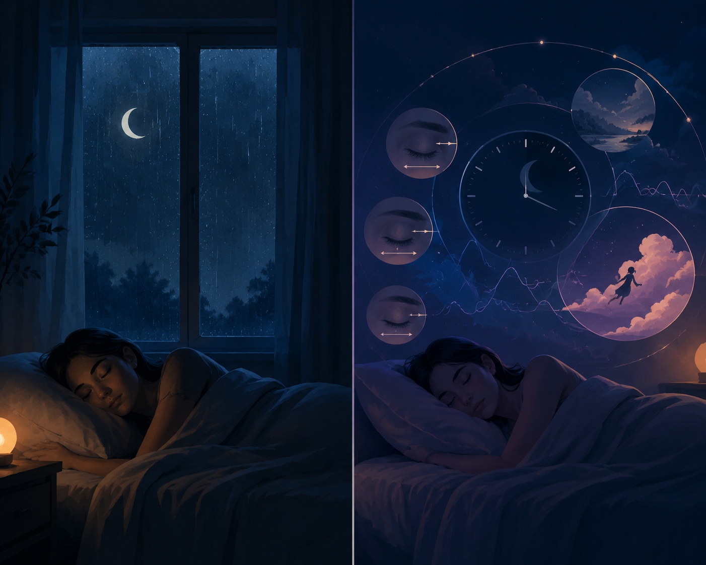 Split illustration showing rain helping sleep onset and all-night sound continuing through REM sleep