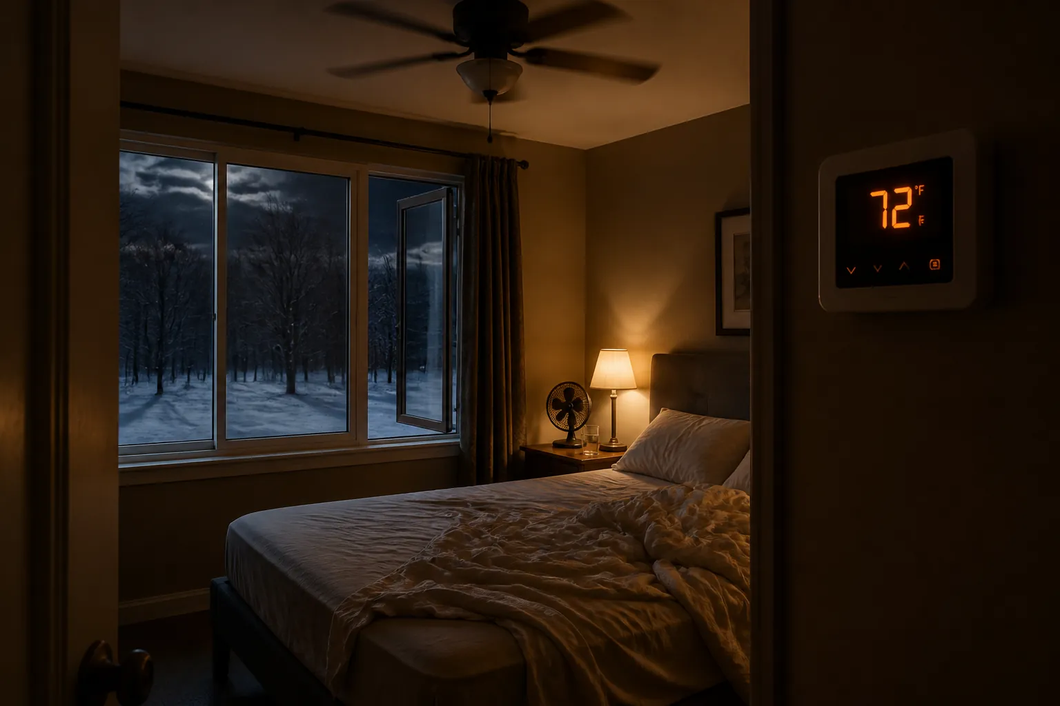 A warm winter bedroom with pushed-aside sheets, a glowing thermostat, a spinning fan, and snow visible outside the window