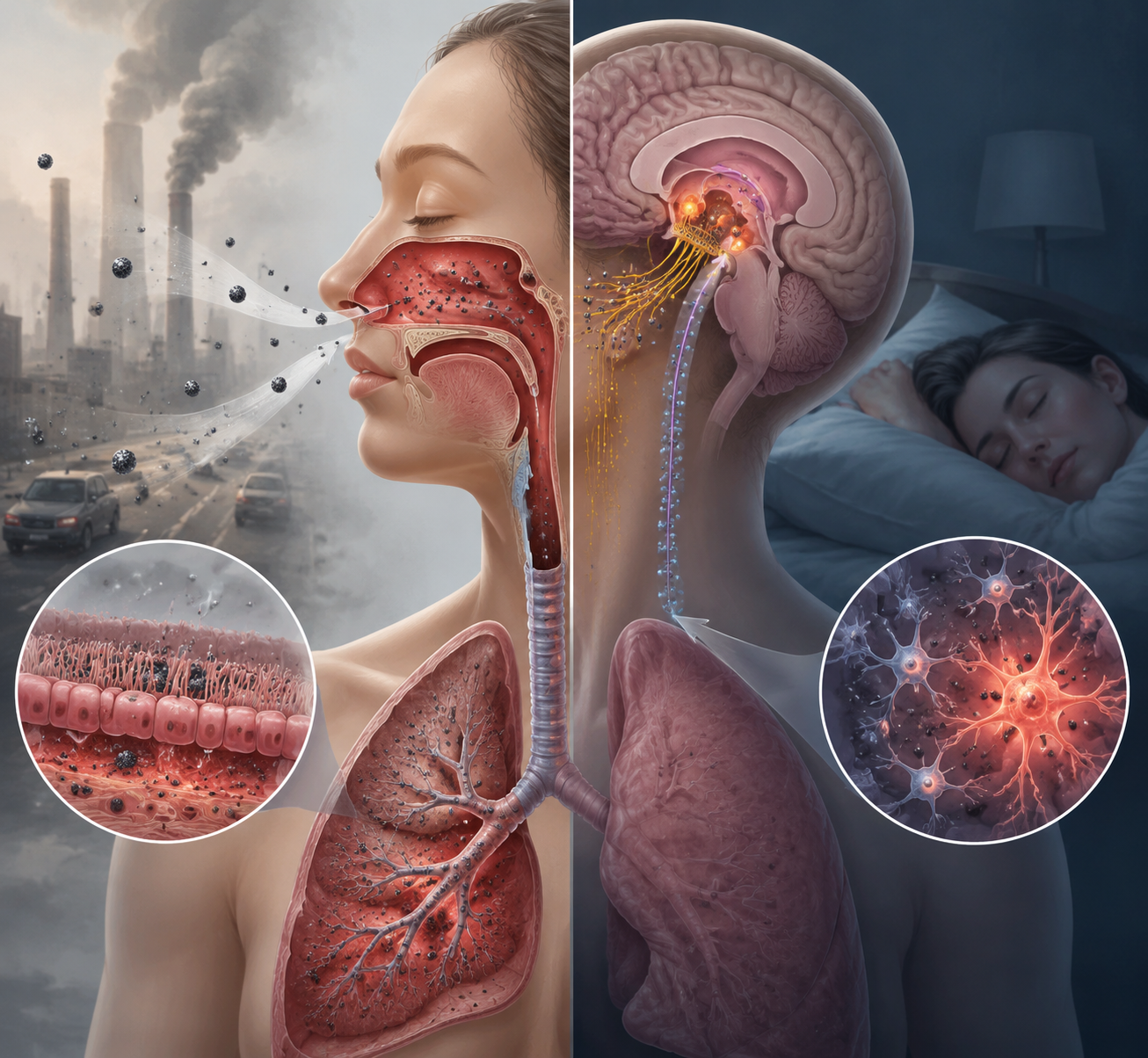 Split anatomical illustration showing respiratory and brain pathways from air pollutants into the body