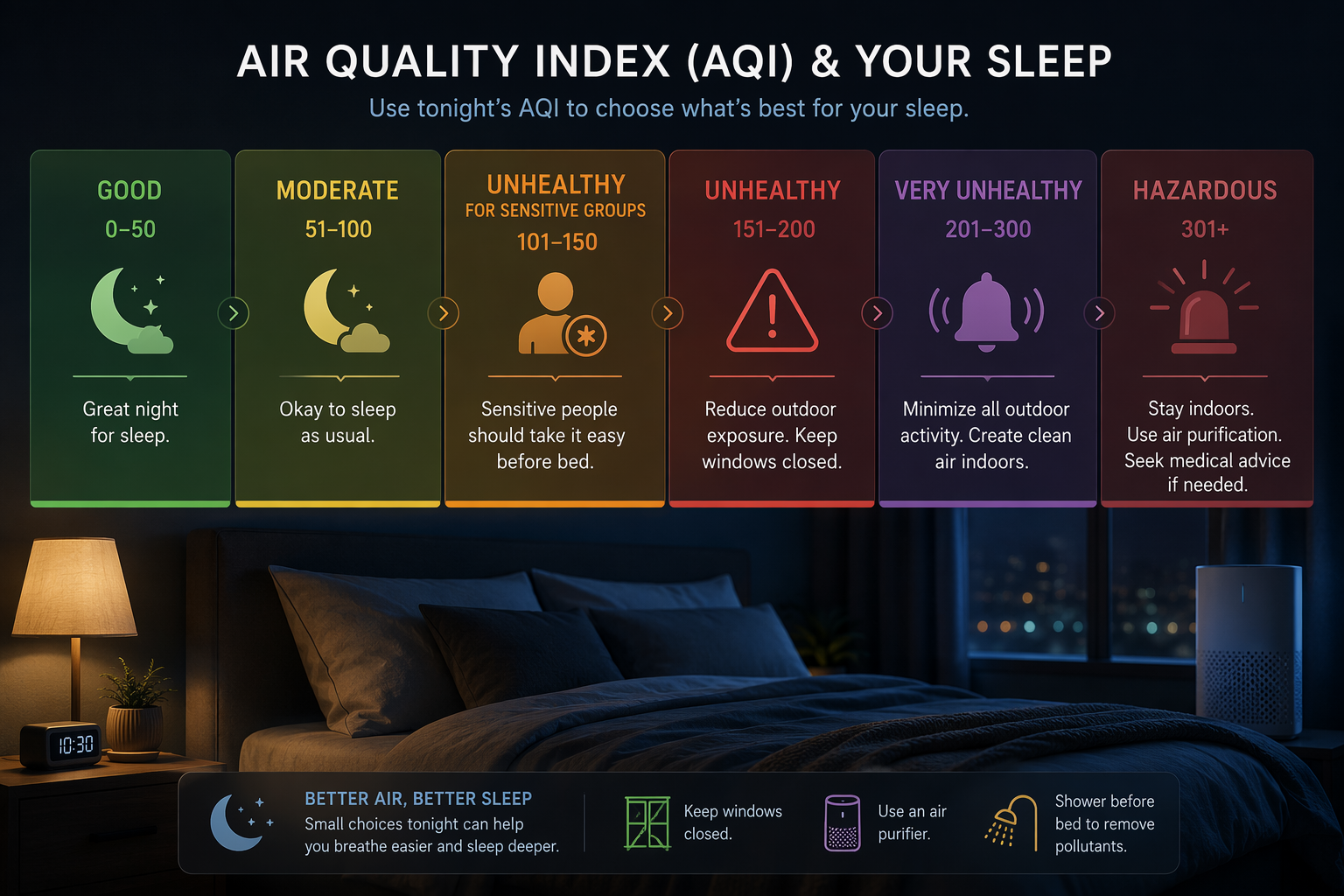 Infographic spectrum of AQI categories across a dark bedroom background