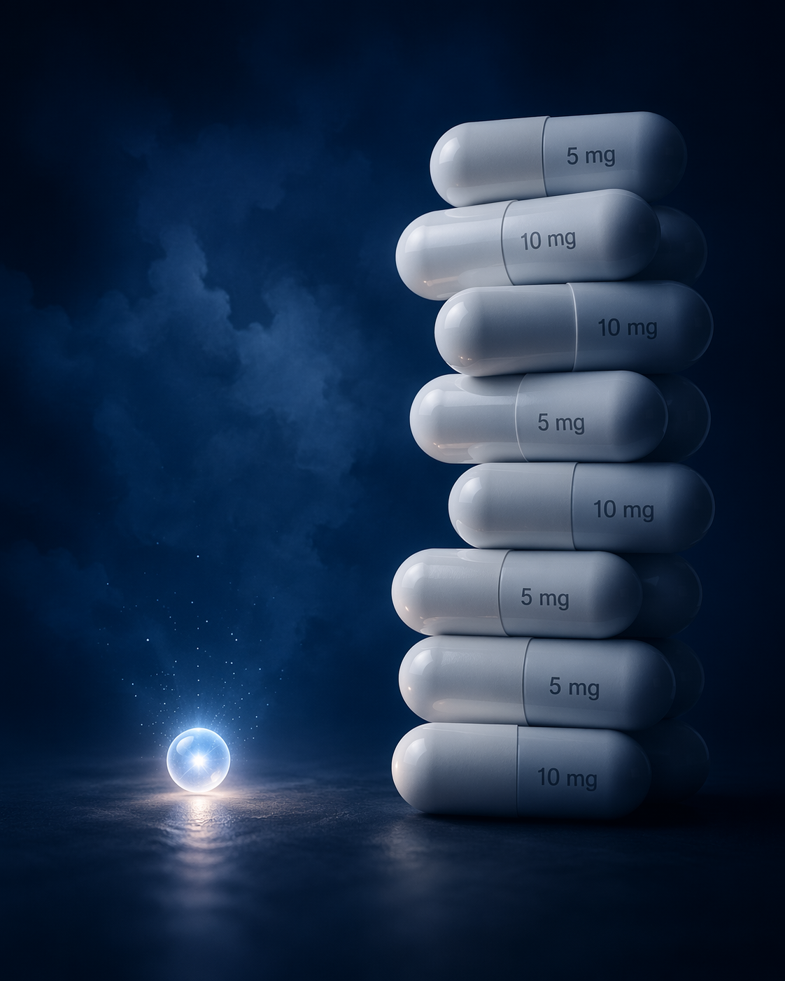 Small glowing melatonin signal beside oversized 5 mg and 10 mg capsules