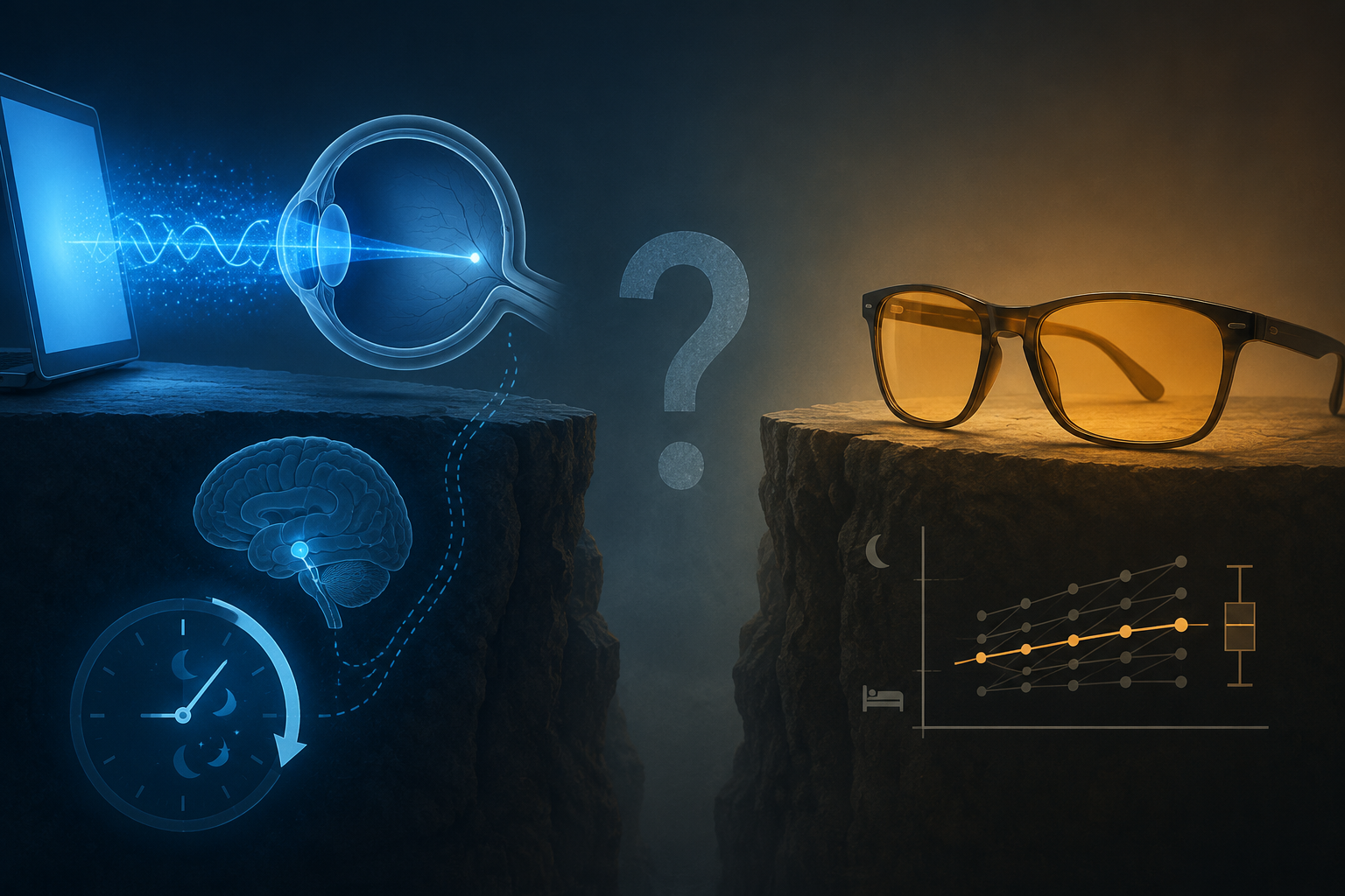Illustration contrasting a confirmed blue light circadian pathway with amber glasses and a neutral data graph