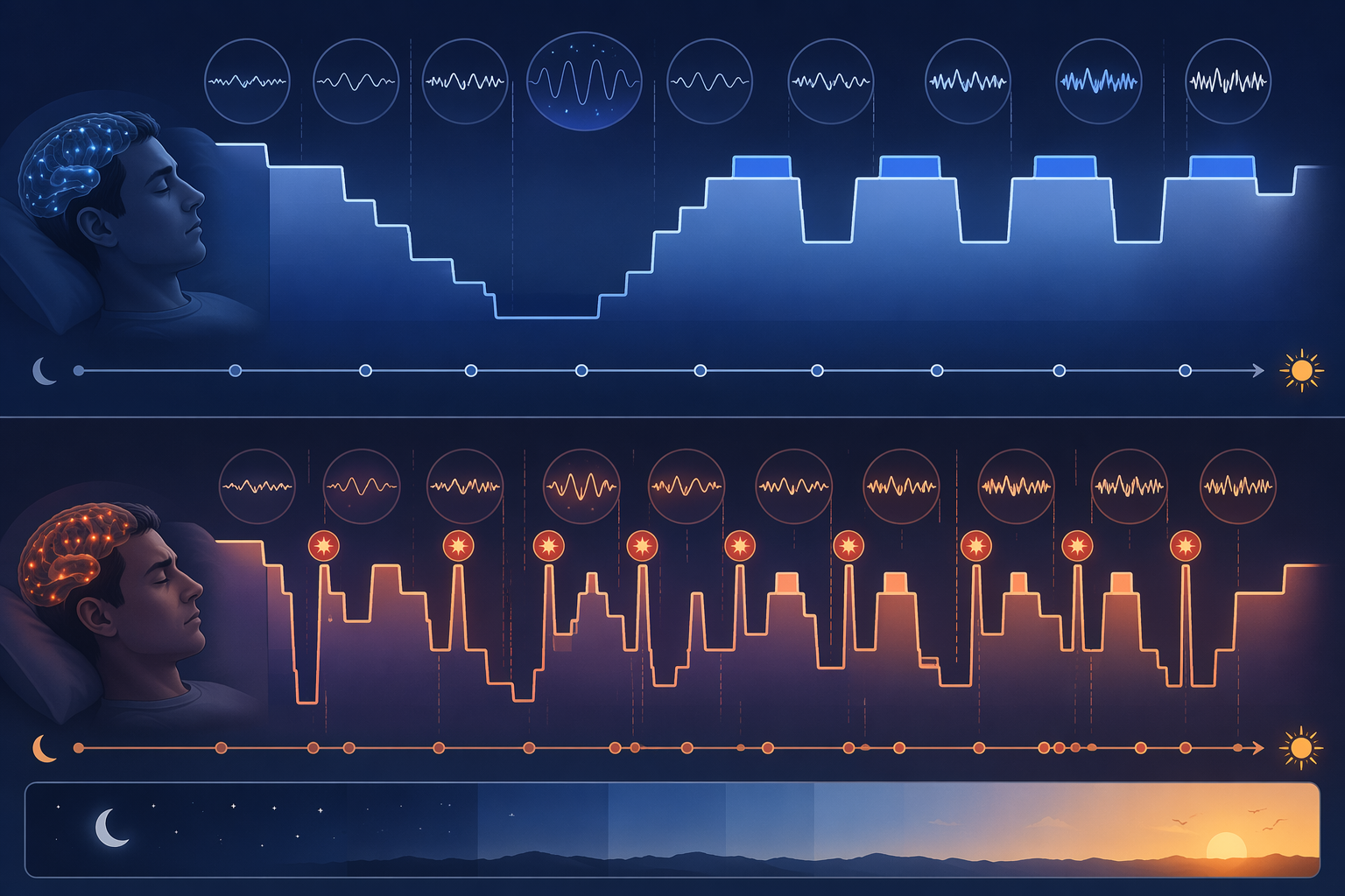 Medical-style sleep architecture diagram comparing smooth sleep with fragmented sleep and frequent arousal spikes