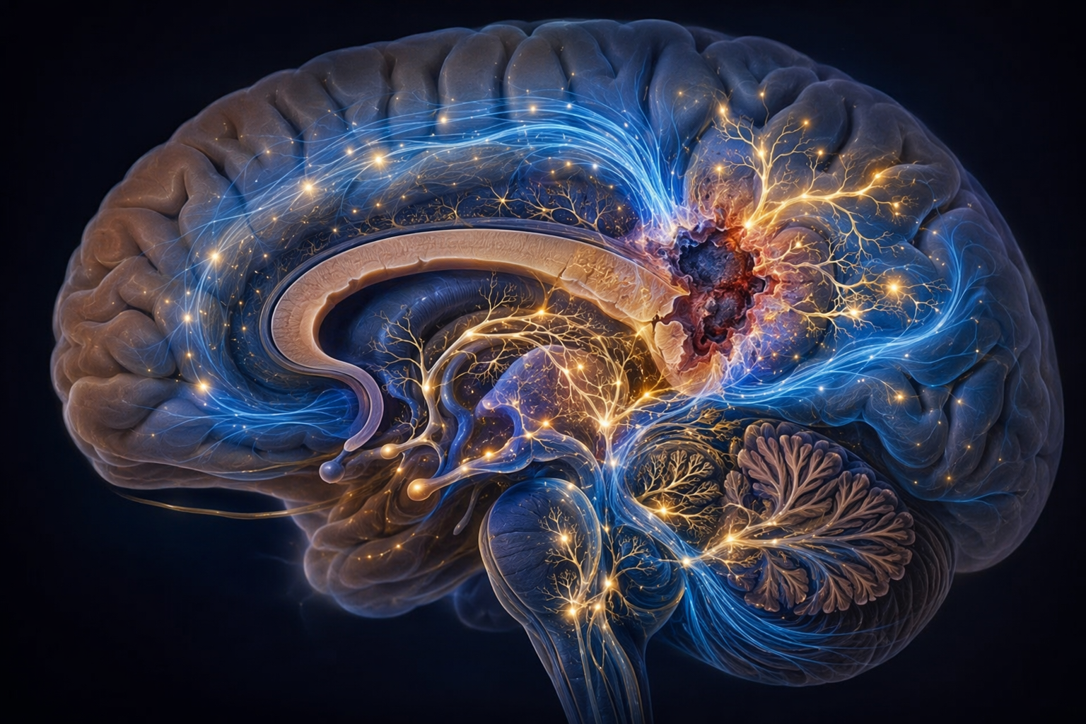 Brain cross-section with neural repair pathways around a stroke lesion during sleep.