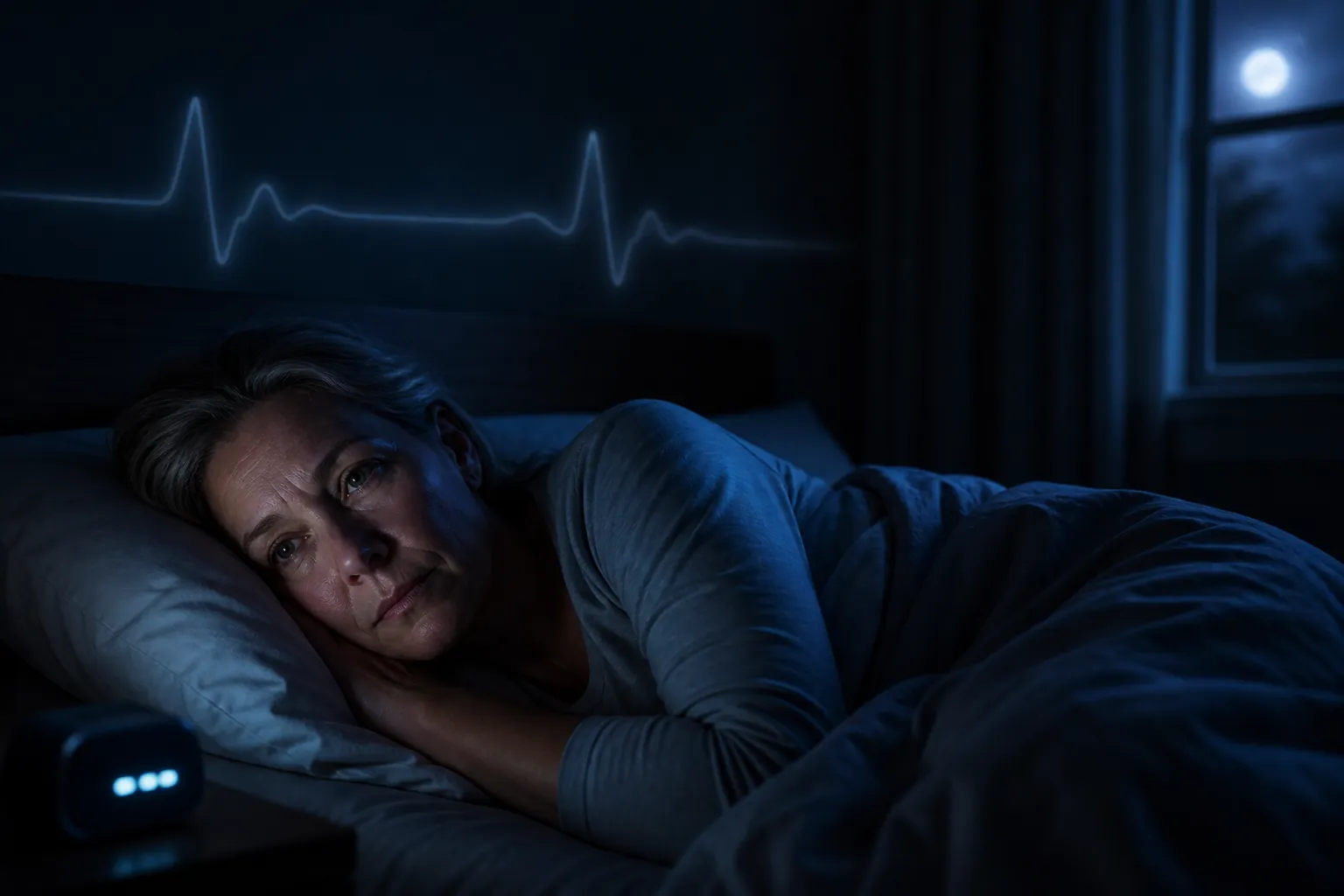 A middle-aged woman lying awake in a dark bedroom with moonlight, an alarm clock, and a subtle heartbeat line on the wall