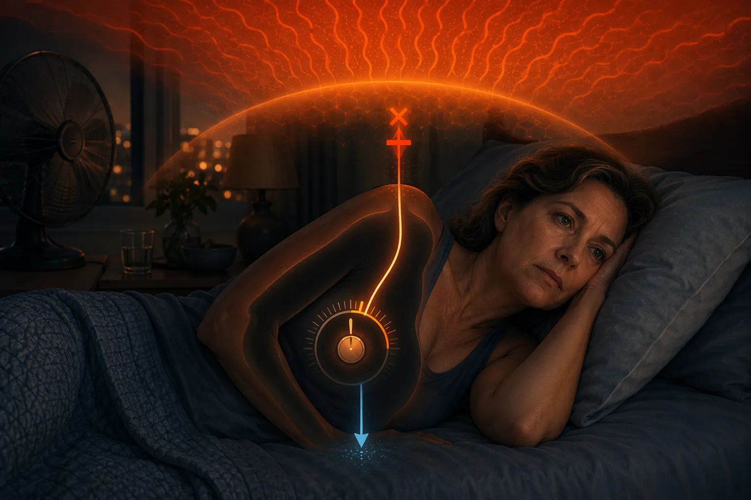 Midlife woman awake in bed during a hot night with an internal thermostat showing a narrowed neutral zone