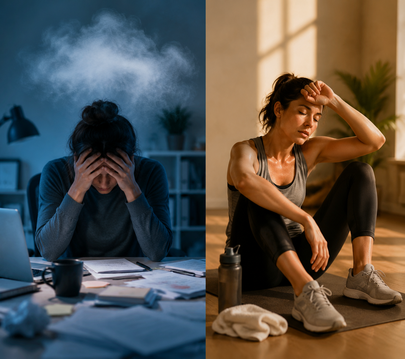 Split illustration contrasting mental fatigue and physical fatigue
