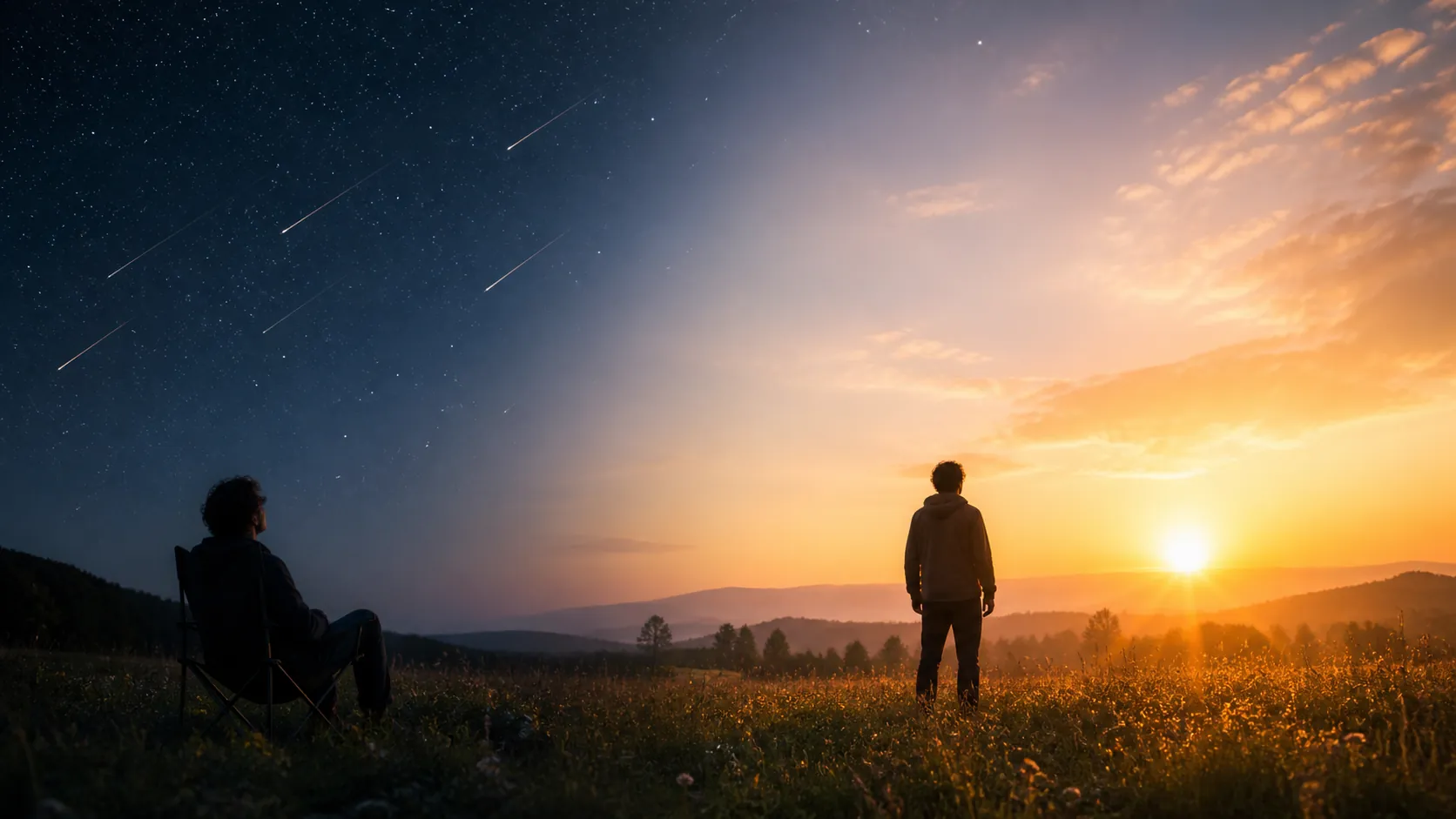 A meteor shower viewing field transitioning into dawn sunlight