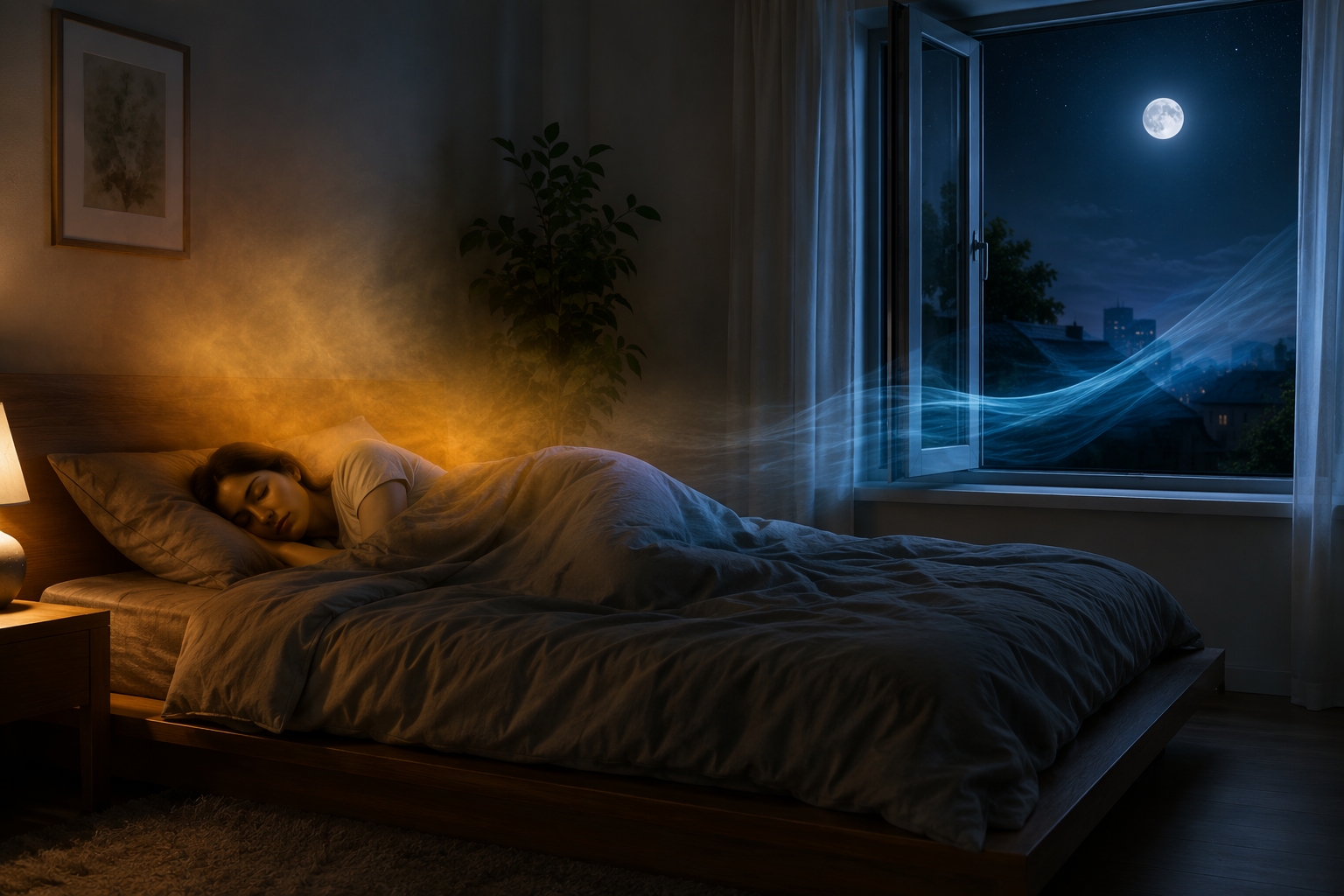 Sleeping person in a dim bedroom with trapped warm air near the bed and cooler fresh air entering through a slightly open window