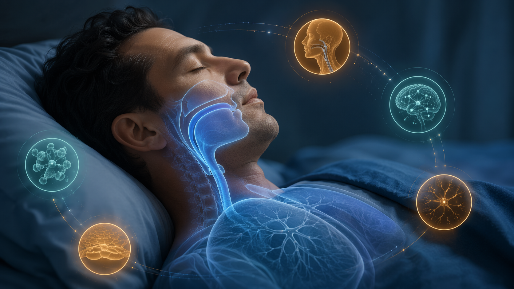 Person sleeping with anatomical airway overlay and markers representing personalized sleep apnea endotype traits