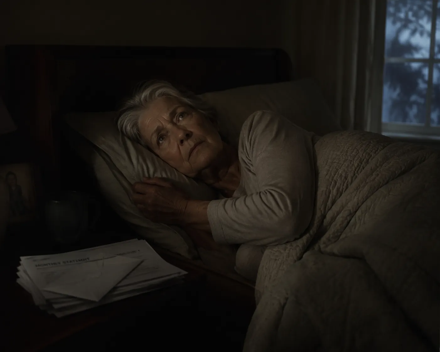 Older woman lying awake at night with papers and an envelope on the bedside table