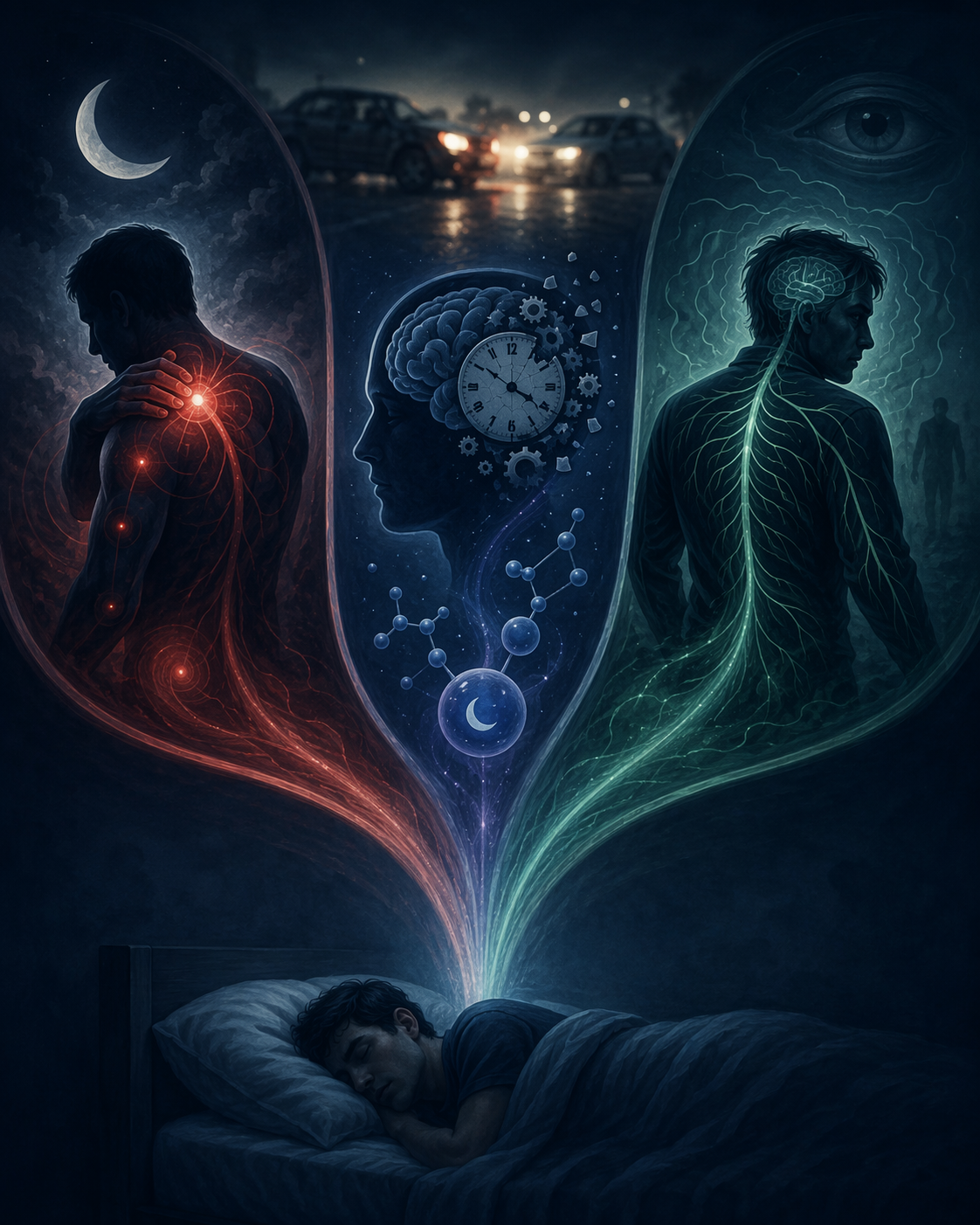 Three sleep disruption pathways after an accident leading from blurred headlights toward a sleeping figure
