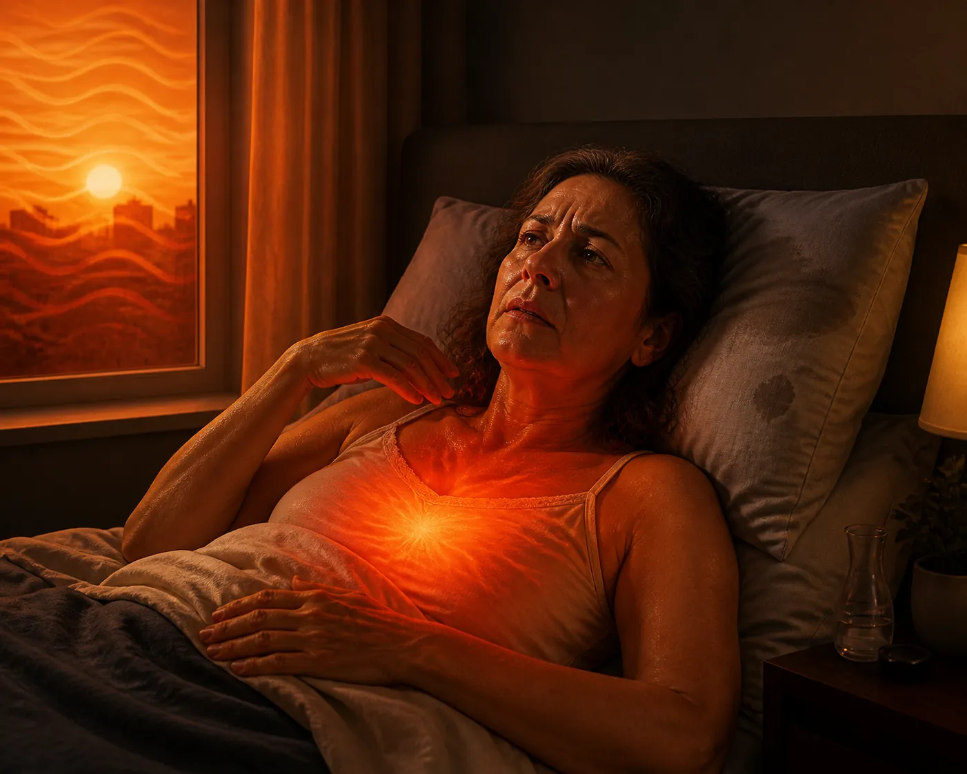 A middle-aged woman awake in a warm bedroom during a heat wave with a hot flash glow and damp pillow