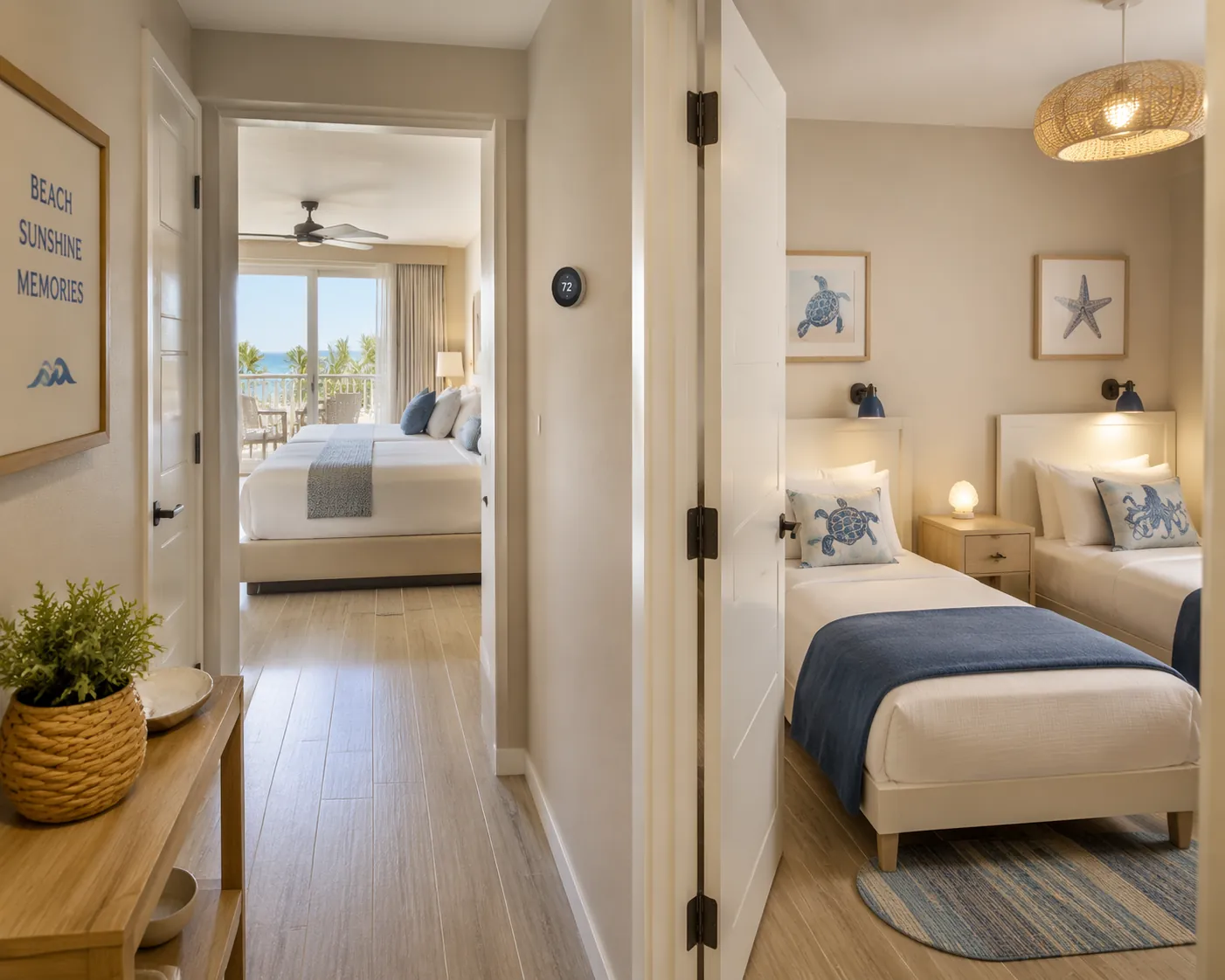 One-bedroom family beach resort suite with children's twin beds in a separate area and a main bedroom behind a door