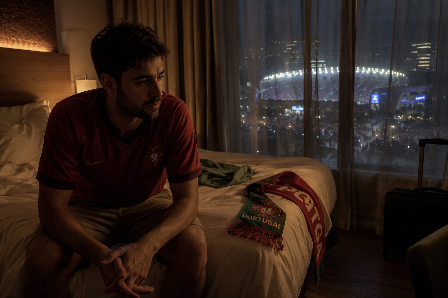 A tired fan sitting on a hotel bed at night while city light leaks through thin curtains