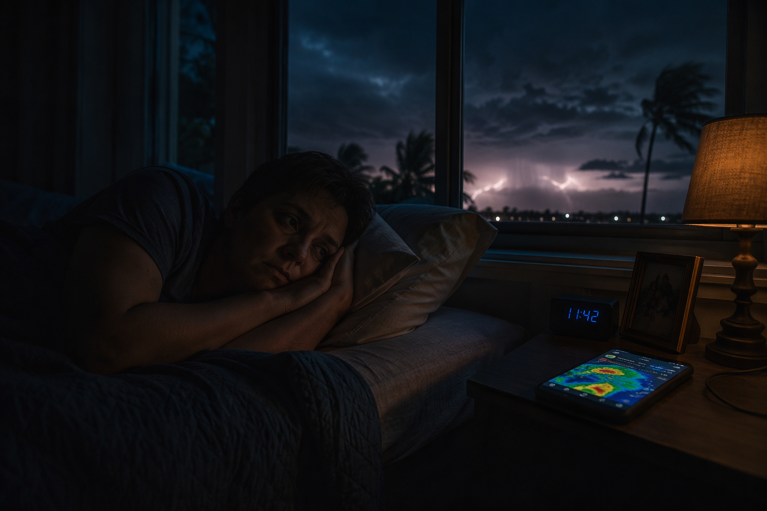 Person lying awake in a dim bedroom with a storm radar map glowing on a phone beside the bed