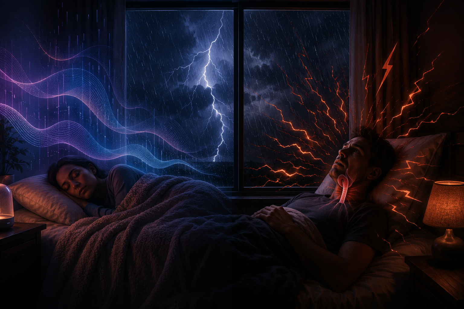 Split storm bedroom scene showing one sleeper soothed by rain-like sound waves and another lying awake with stress and airway-constriction cues