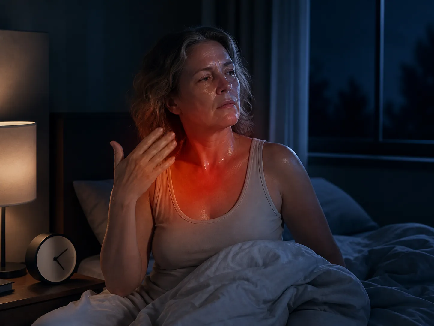 Middle-aged woman sitting up in bed at night during a hot flash in a cool dark room