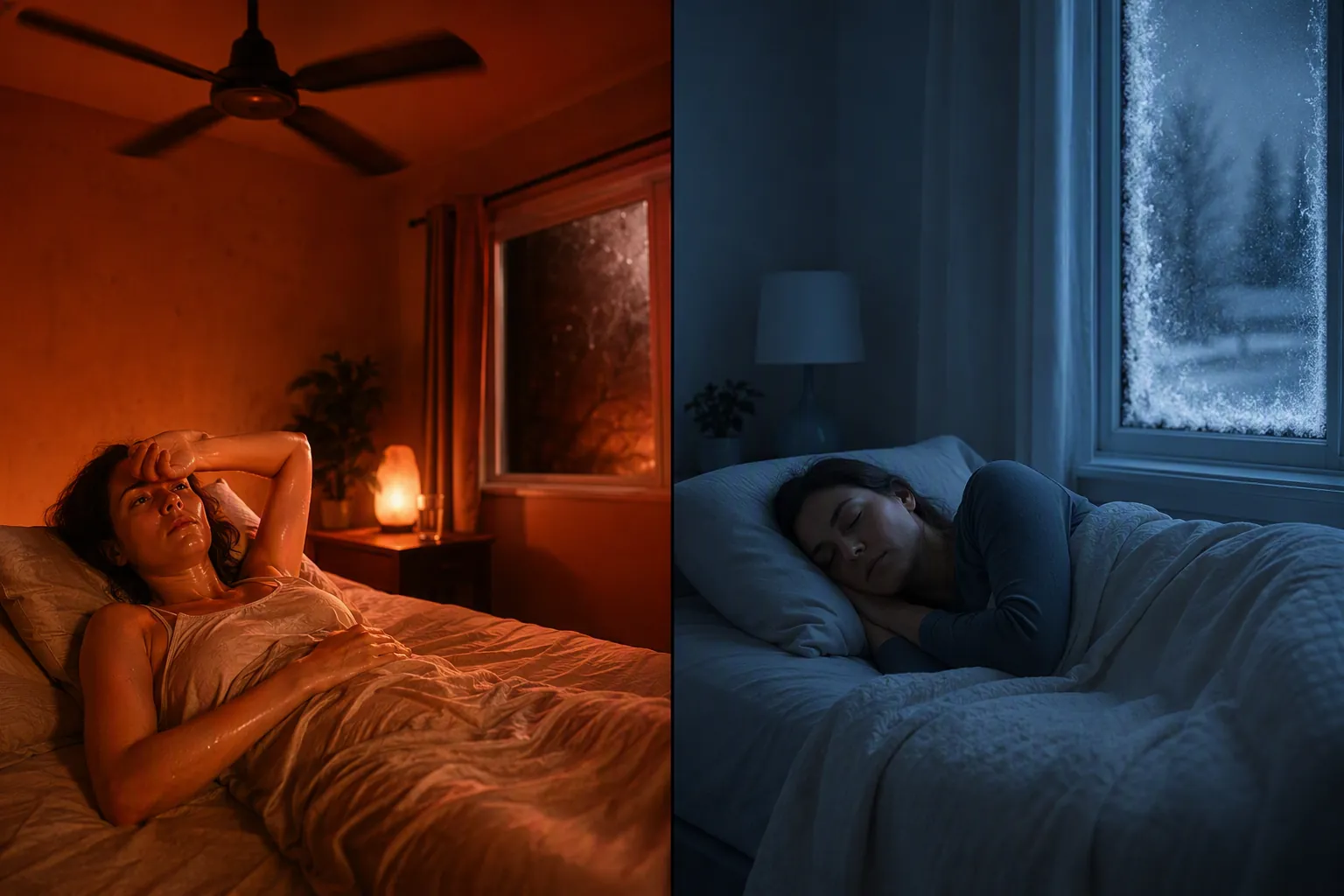 A split scene contrasting a restless hot July bedroom with a calm cool January bedroom
