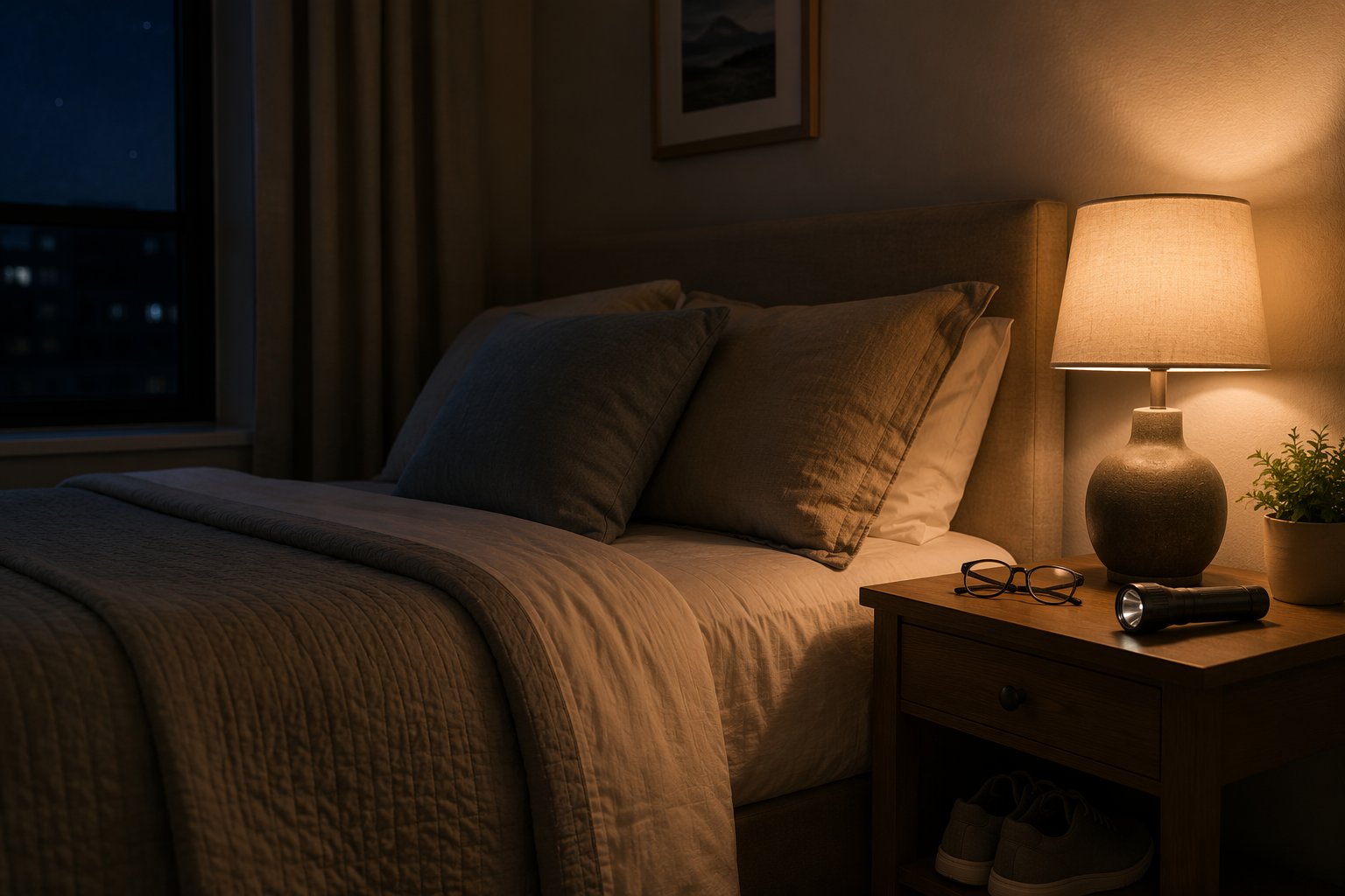 Calm bedroom at night with a flashlight, glasses, and shoes beside the bed