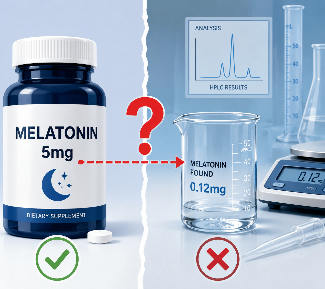 Illustration comparing a melatonin label claim with a different laboratory measurement