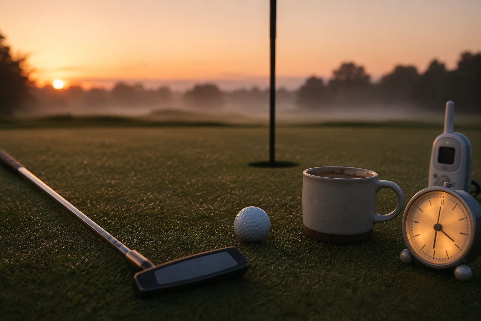 A dawn-lit golf green with a putter, golf ball, coffee cup, clock glow, and a faint baby monitor silhouette in the background