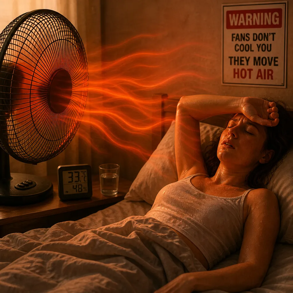 Fan blowing hot air across a person in bed during extreme heat
