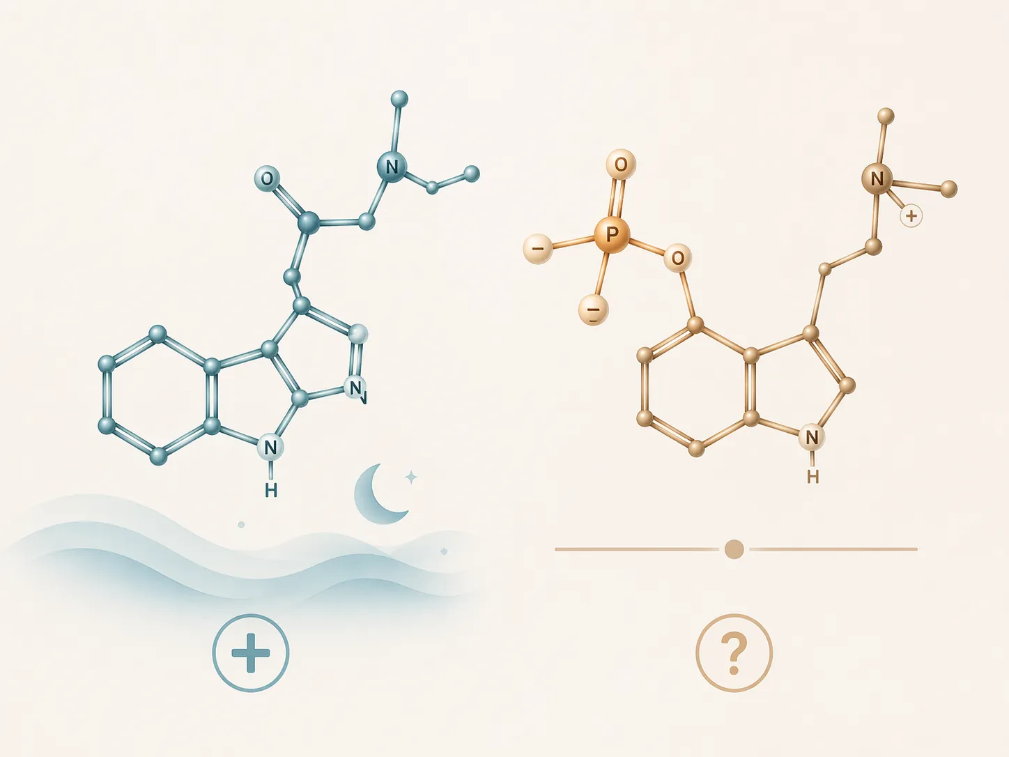 Illustration contrasting LSD and psilocybin molecular forms with different evidence signals for sleep and anxiety
