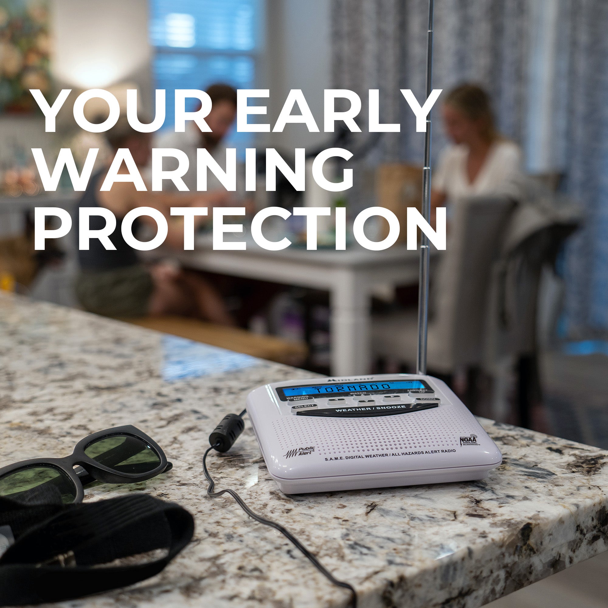 A NOAA weather alert radio on a bedroom nightstand