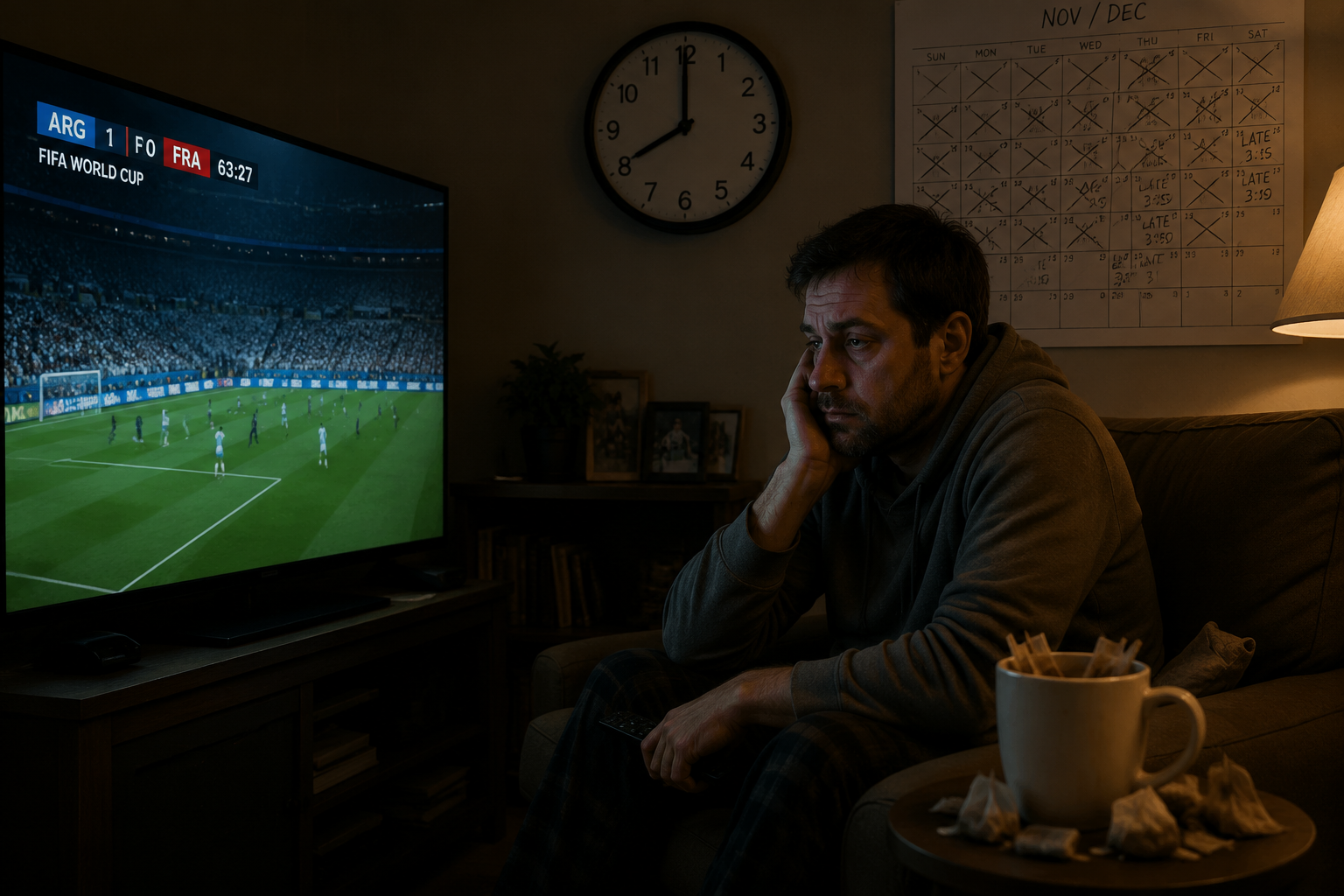A tired person watching a World Cup match at 8 PM with coffee nearby and a calendar of late-night dates in the background