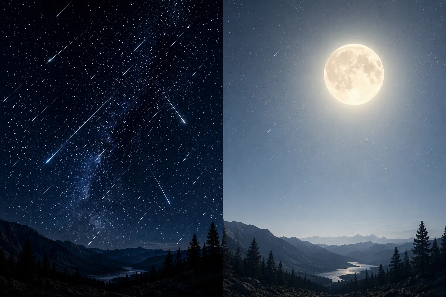 A split sky showing many bright meteors in darkness and faint meteors washed out by a large moon