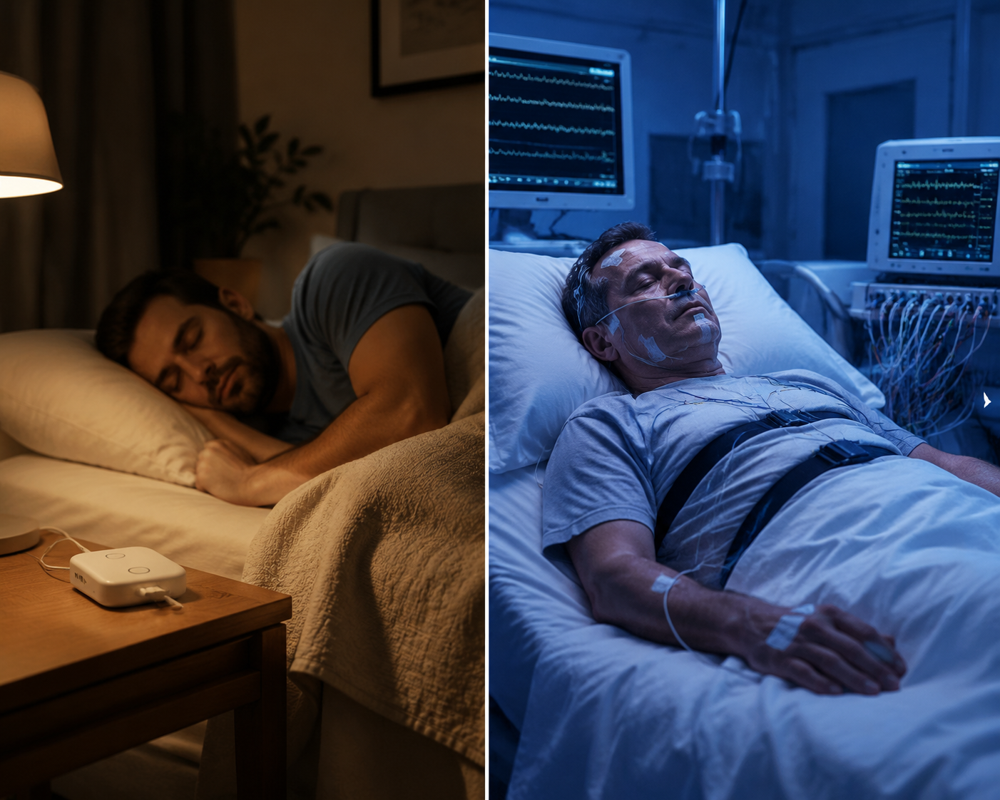 Home sleep test setup contrasted with an in-lab sleep study room