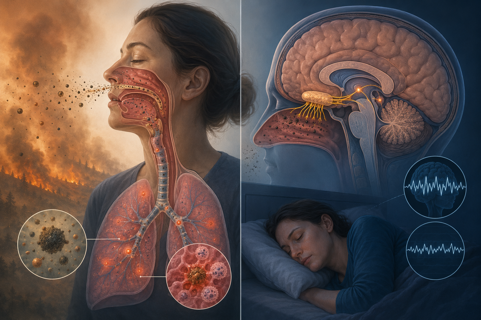 Illustration of smoke particles entering the respiratory tract and affecting brain pathways during fragmented sleep