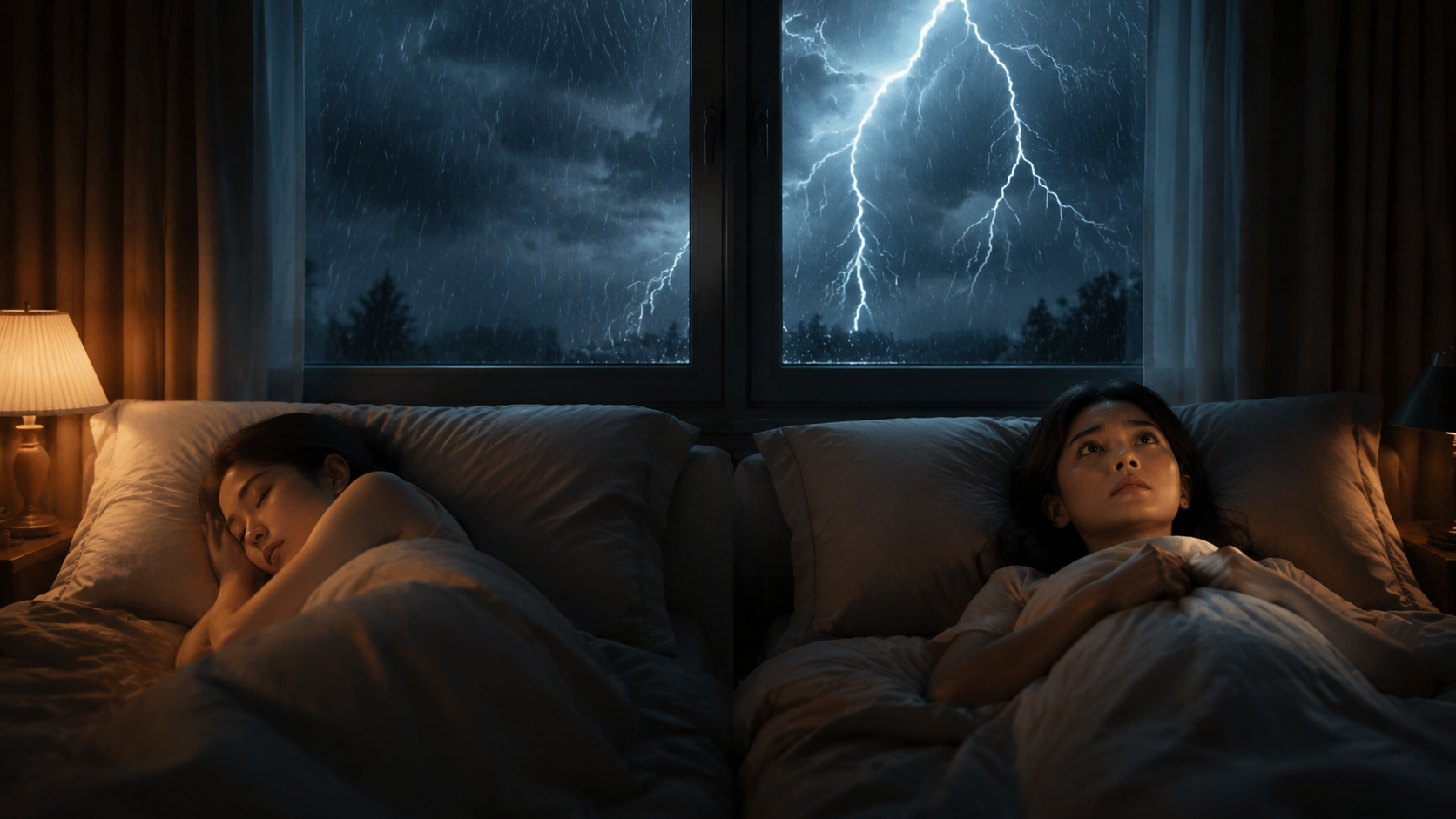A split bedroom scene on a stormy night, with one person sleeping peacefully and another lying awake with tense, alert eyes under the same lightning storm.