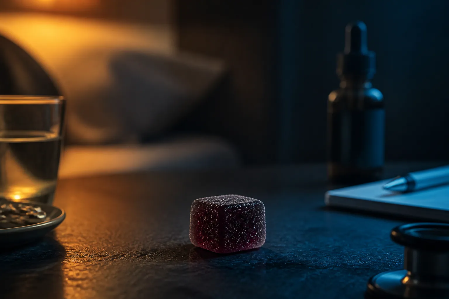A single THC gummy on a dark surface lit by warm amber and cool clinical light