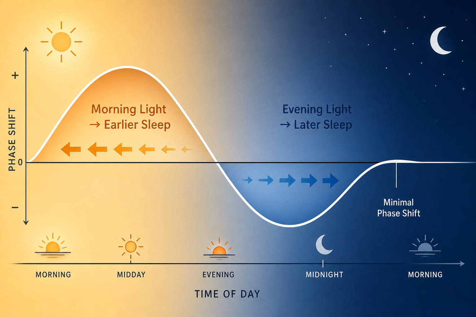 Phase response curve diagram showing warm golden arrows indicating phase advance in the morning and cool blue arrows indicating phase delay in the early evening, spanning a 24-hour timeline.