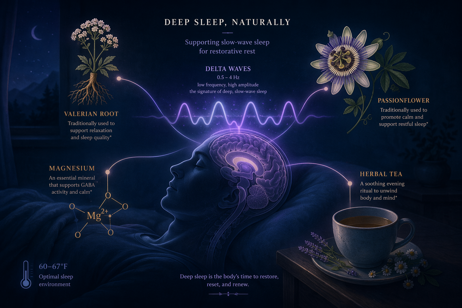 A dark indigo-toned editorial illustration of a human silhouette in restful sleep pose, with a glowing cross-section overlay of the brain emitting a highlighted delta-wave pattern. Small botanical-style icons of a valerian root, passionflower bloom, a magnesium molecule symbol, and a tea cup orbit the silhouette, each connected to the brain wave area by soft curved amber lines.
