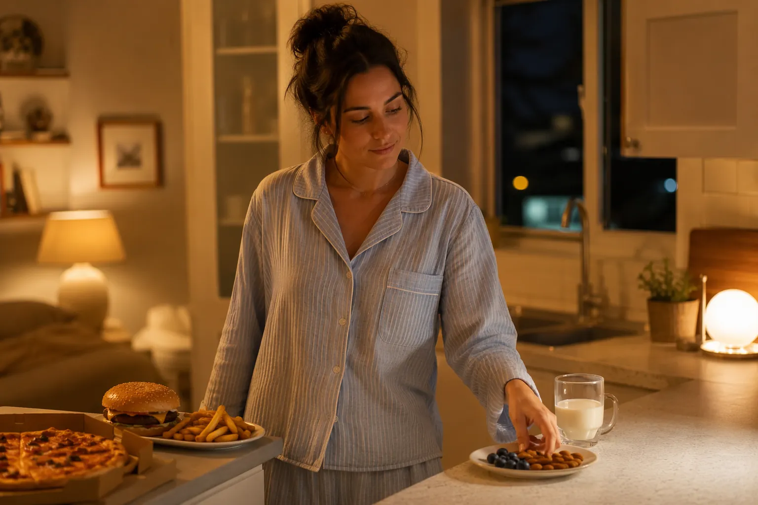 Person in pajamas choosing a light bedtime snack of almonds, berries, and warm milk instead of a heavy pizza slice